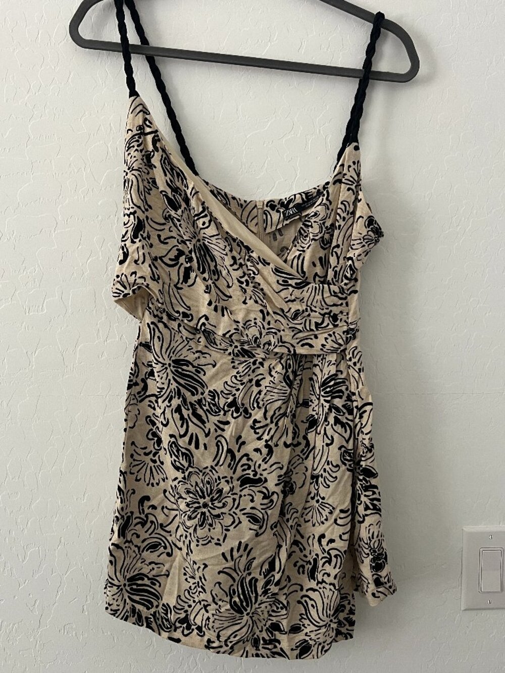 Zara Printed Rustic Playsuit Ecru Black Floral Wrap Skort Romper Braided Strap M